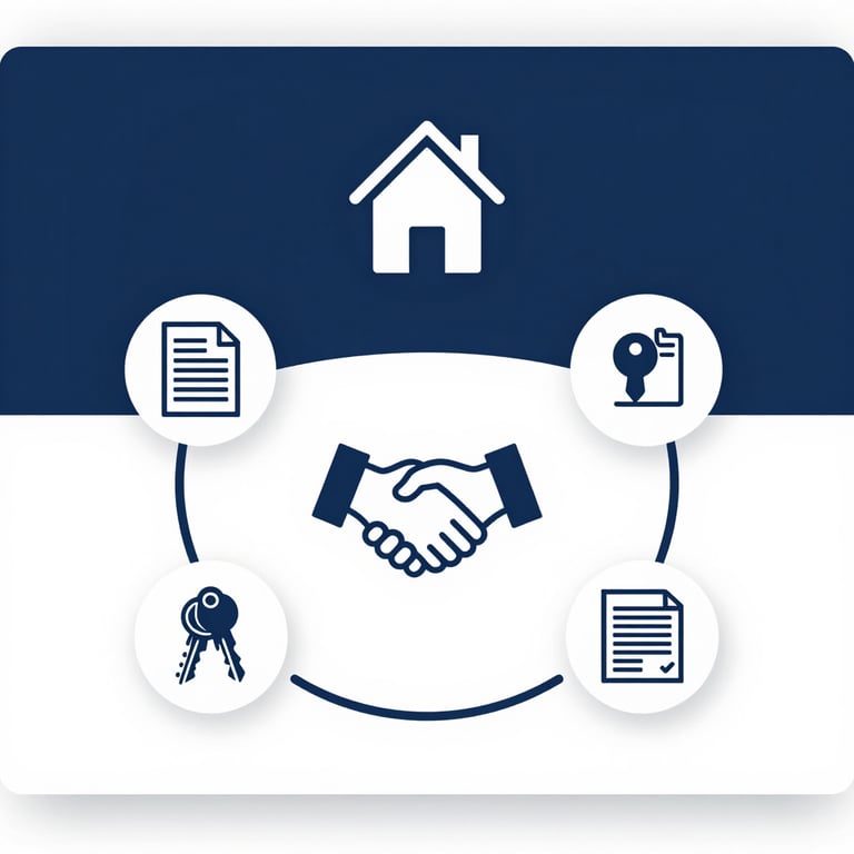 Real estate icons for handshake, house, keys, and contract documents representing a property sale.
