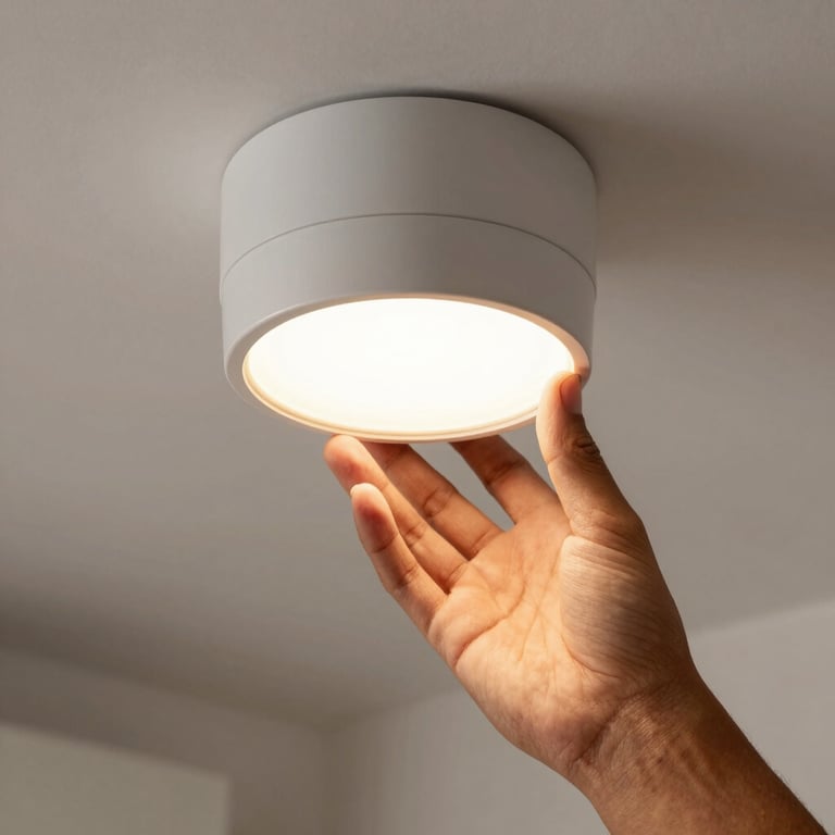 A close-up of a skilled specialist hand carefully adjusting a modern lighting fixture in a South American / Brazilian residential interior, clean composition.