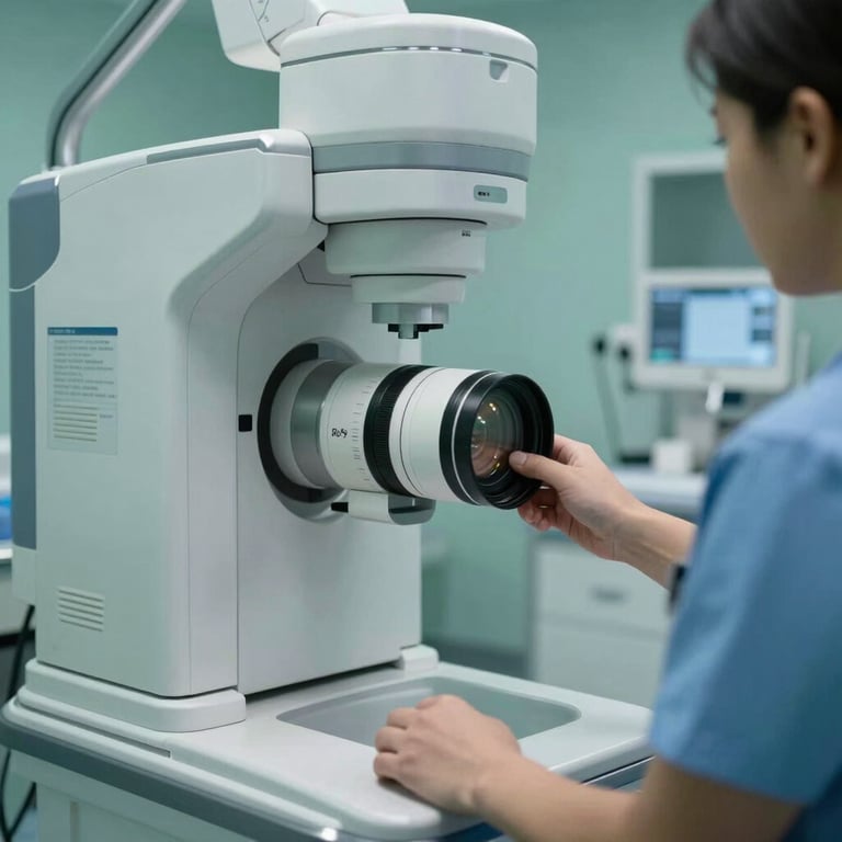 A close-up of a North American healthcare provider using a modern diagnostic scanner in a clean, professional medical lab with teal lighting.