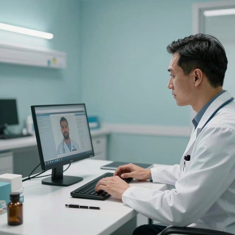 A US-based physician conducting a telehealth appointment from a clean, modern medical office with soft teal lighting and professional tech.