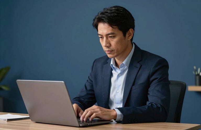 a South American / Brazilian business professional looking securely at a laptop screen in a slate blue and dark navy blue room