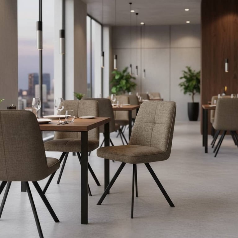 Modern restaurant dining room with upholstered tan chairs, wooden tables, and city views.