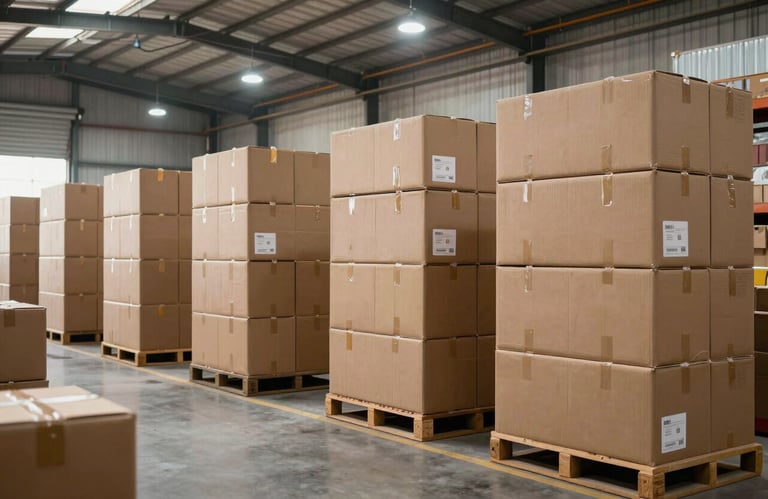 A well-organized shipping warehouse in a South Asian / Indian city, showing neat stacks of boxes prepared for fast delivery, bright industrial lighting.