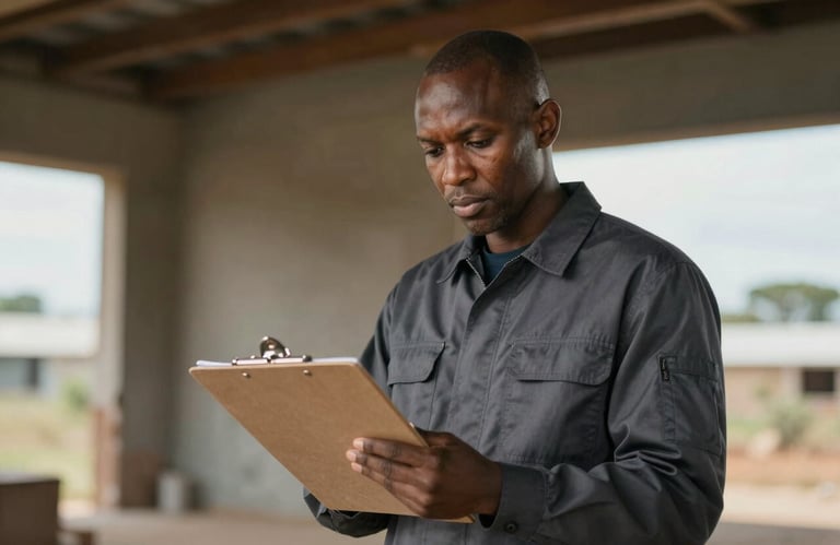 A Southern African project manager in a dark grey uniform inspecting a site with a clipboard, conveying authority and trust.