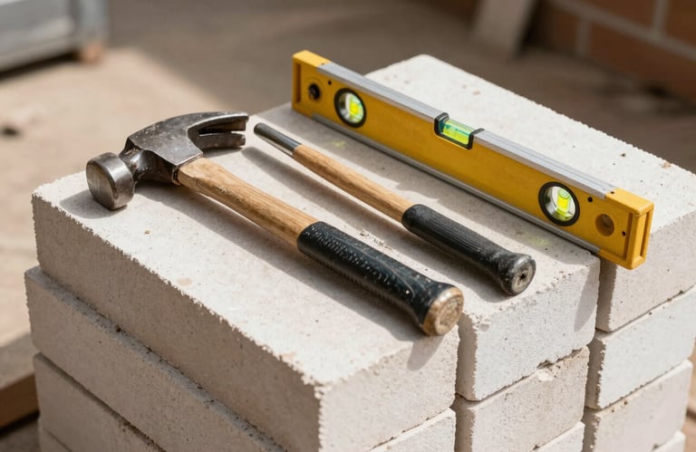A selection of heavy-duty construction tools including a hammer and level resting on a stack of off-white bricks in a sunny Southern African workspace.