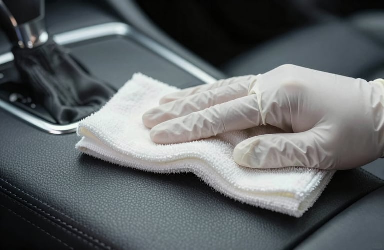 Close-up of a hand in a professional nitrile glove wiping a car's leather interior with precision, focus on texture and cleanliness.
