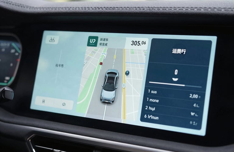 A high-tech digital car dashboard showing a GPS map and vehicle diagnostics in Misty Blue and Dark Slate Blue tones. High-end, premium feel.