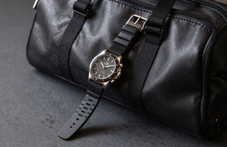 A detailed shot of a luxury watch and athletic wrist wrap resting on a leather gym bag on a dark gray surface, North American professional fitness context.