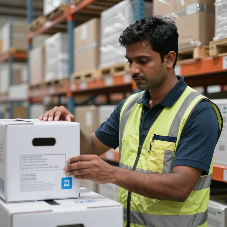 A logistics specialist in a clean warehouse environment in Bangalore, South Asian / Indian setting, checking medical supply crates for distribution.