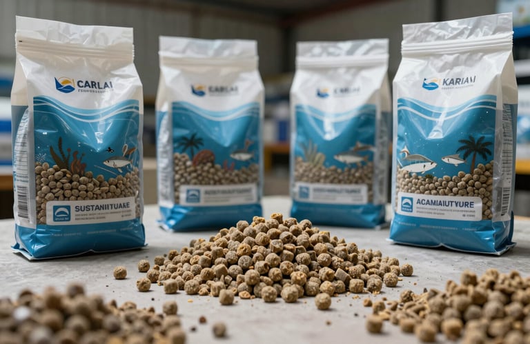 Professional high-quality fish feed pellets and sustainable aquaculture supplies arranged on a clean surface in a Southeast Asian / Indonesian warehouse, Ocean Blue and Sky Blue accents.