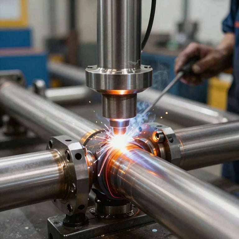 Close-up of industrial piping fabrication in a workshop, showcasing high-precision welding on stainless steel pipes with a professional industrial finish.