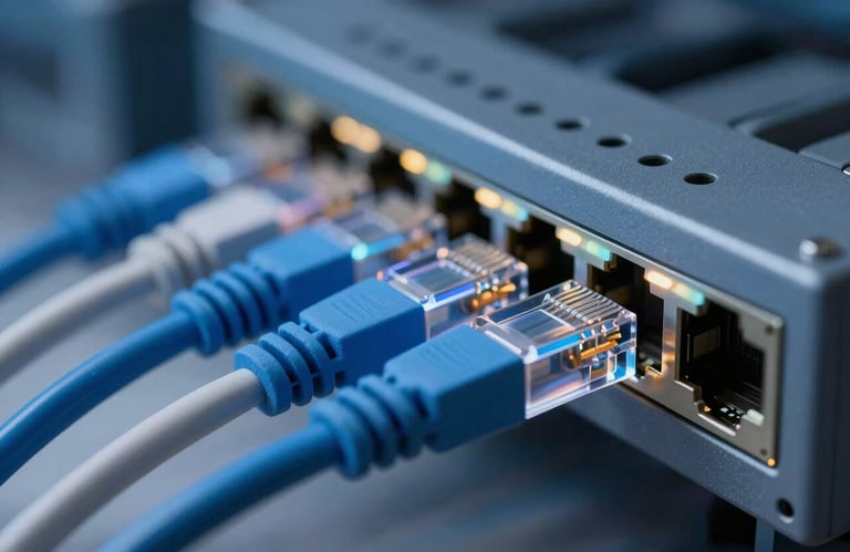 A macro shot of glowing networking cables plugged into a switch, symbolizing reliability and infrastructure. Brand colors #345D7E and #DDE4EB highlights.