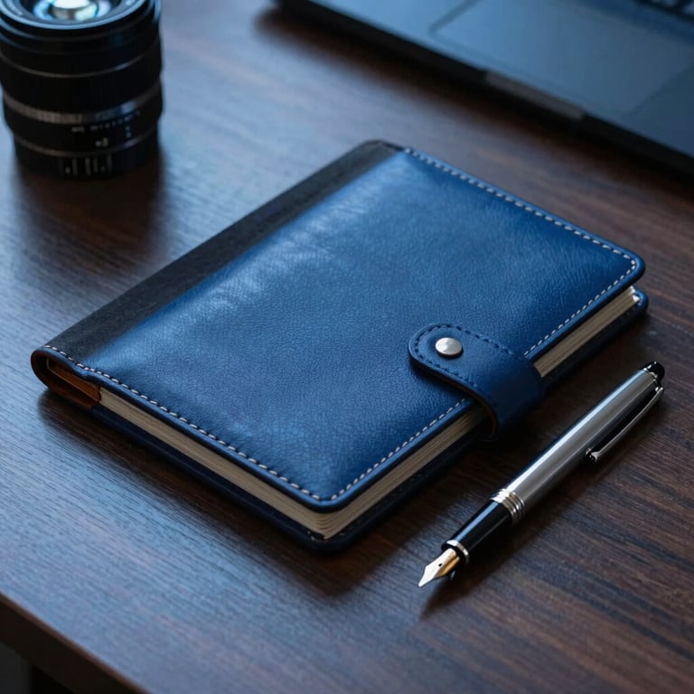 A leather-bound professional folder and a high-end fountain pen resting on a dark wood desk, Brazilian office setting, soft dramatic lighting with royal blue tones.