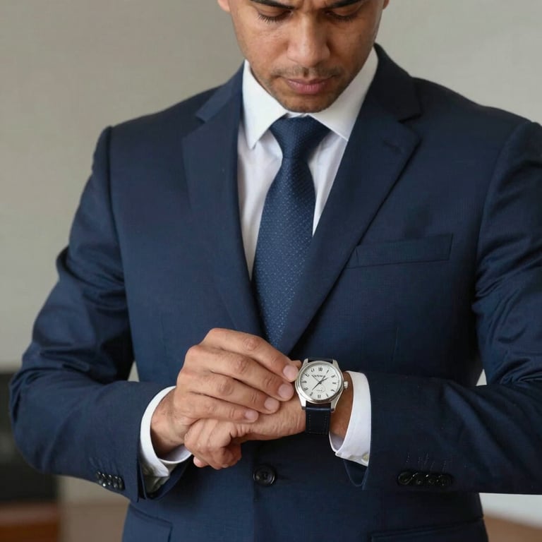 A professional South American Brazilian man in a tailored navy suit checking a high-end wristwatch, representing precision and the value of time in management.