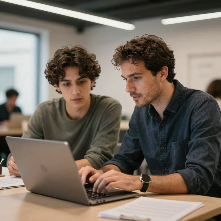 A mentor and a student discussing a project over a laptop in a modern Lisbon co-working space, professional and collaborative vibe.