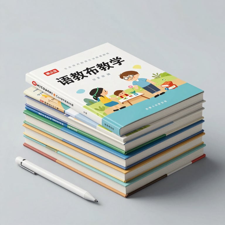 A stack of modern educational books and a digital stylus on a clean, light grey-blue surface, soft studio lighting.