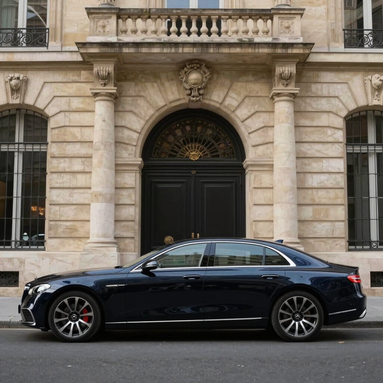 Photography of a sleek, dark navy luxury sedan parked in front of a grand stone entrance in Paris. The image conveys seamless transportation and executive service. European / French style.