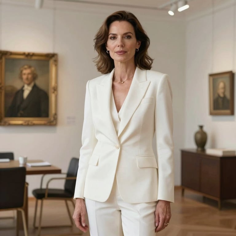 A portrait of a confident and poised business professional woman in her 40s wearing a chic ice white suit, standing in a bright gallery-style office in Paris. European / French elegance.