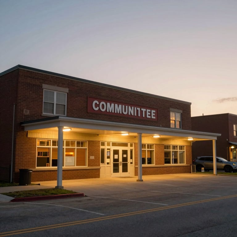 A wide shot of a refurbished community center in a North American / US city, glowing with soft warm evening lights.