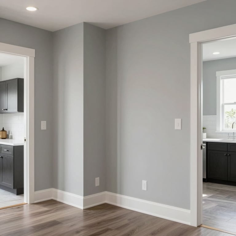 A modern, clean residential interior with Sage Gray walls and high-quality finishes in a North American / US home.
