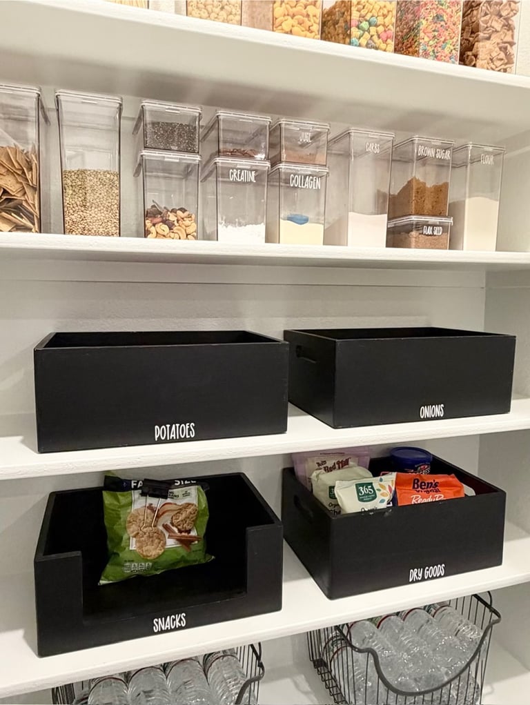 Organized pantry with clear labeled containers and categorized food storage in a Dallas home