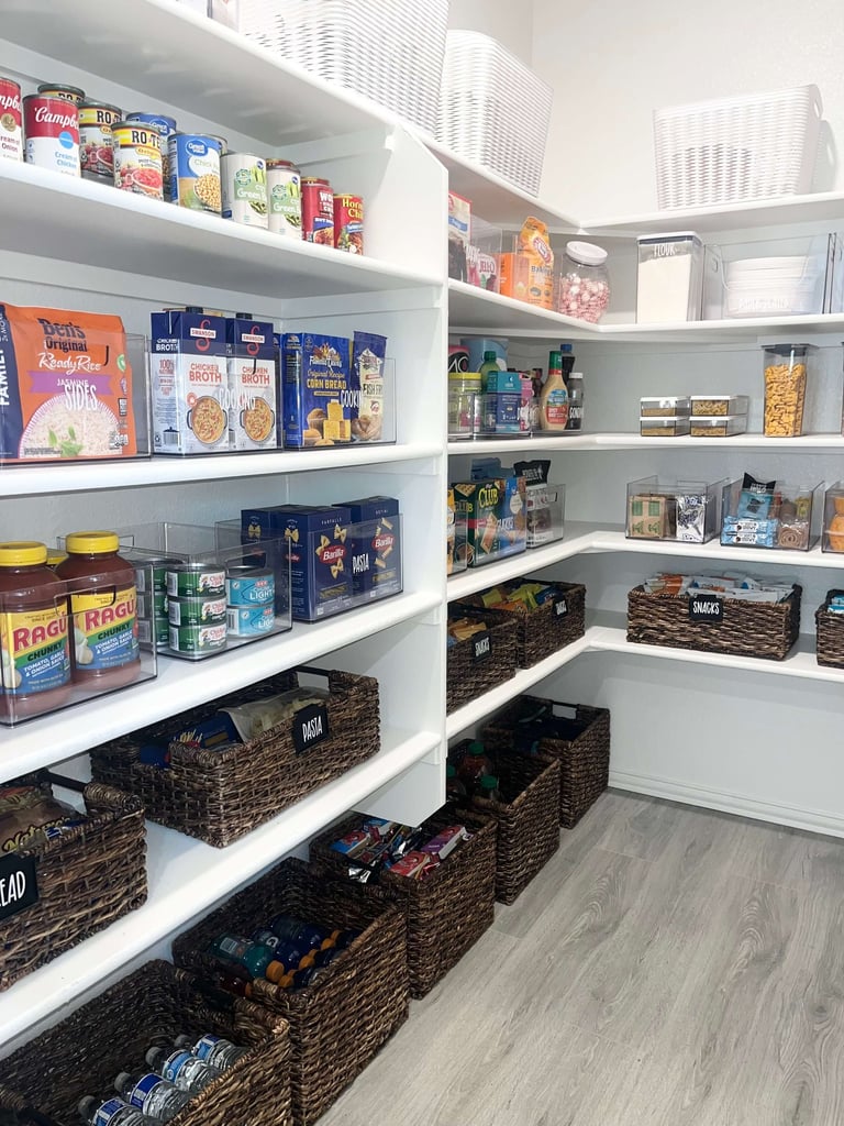 Pantry organization using wicker baskets and structured storage solutions for a functional kitchen