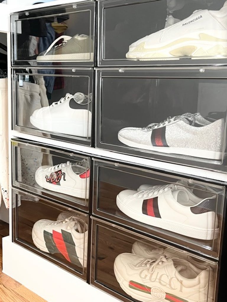 Designer shoes displayed in clear storage cases for a streamlined and organized closet system