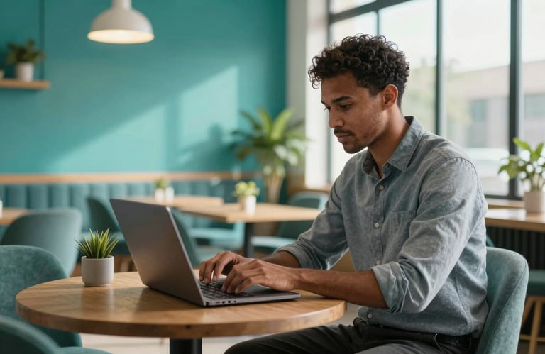 A professional person working on a laptop in a vibrant, sunlit South African co-working space with teal decorative elements and modern furniture.
