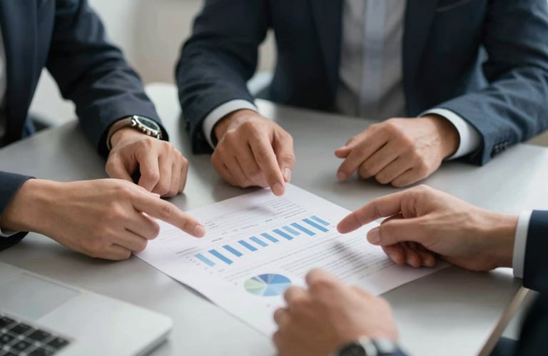 A close-up of a collaborative team meeting in a Northern European office, with hands gesturing towards a clean, professional financial document on a silver table.