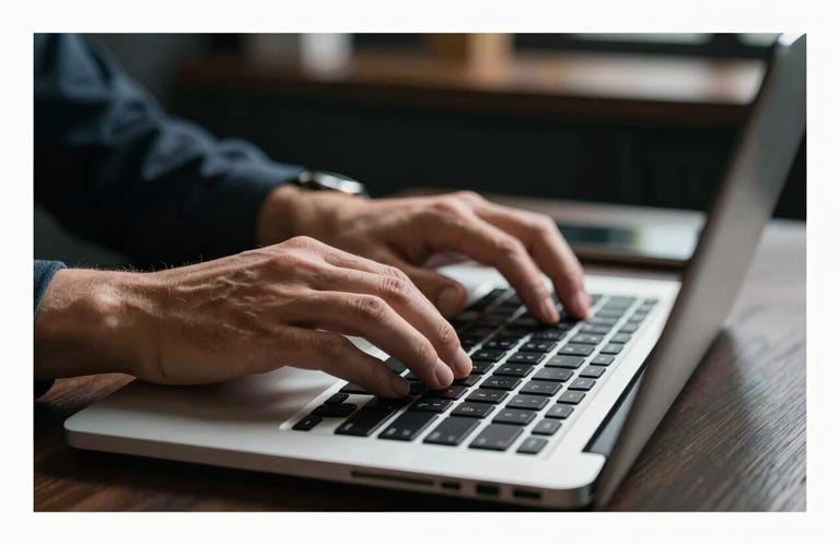 A close-up of a professional developer's hands expertly typing on a laptop in a dark, sophisticated workspace.