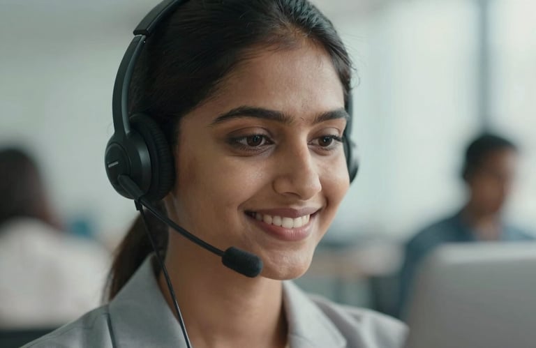 Close-up of a South Asian / Indian customer service representative in a modern office wearing a headset, smiling, photography.