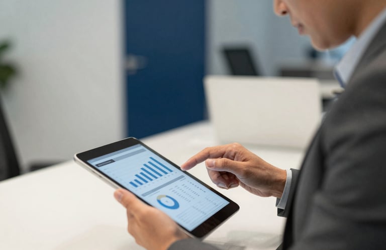 A professional in North American business attire reviewing a detailed financial report on a tablet. The lighting is soft and professional, highlighting a sense of expertise and focus. The background is a blurred office interior with off-white and deep blue tones.