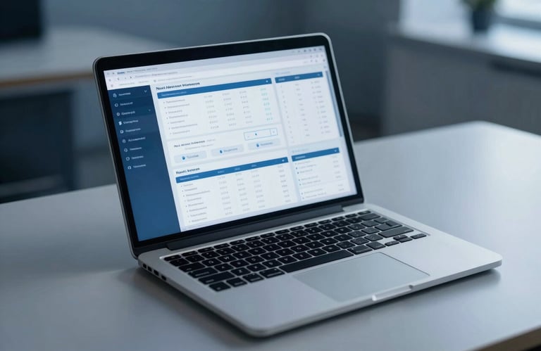 A high-tech North American office desk featuring a modern laptop showing a clean financial interface. The color palette includes deep blue and light blue-grey tones. The composition is clean and uncluttered, representing innovation and efficiency.