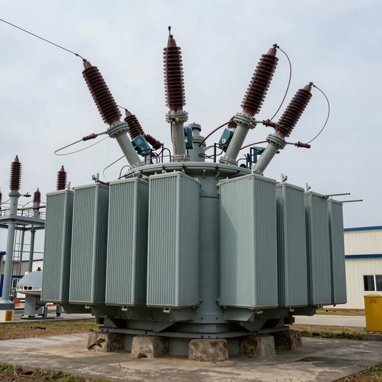 A massive high-voltage electrical transformer situated in a secure industrial substation in North America. The composition highlights scale and robust engineering.