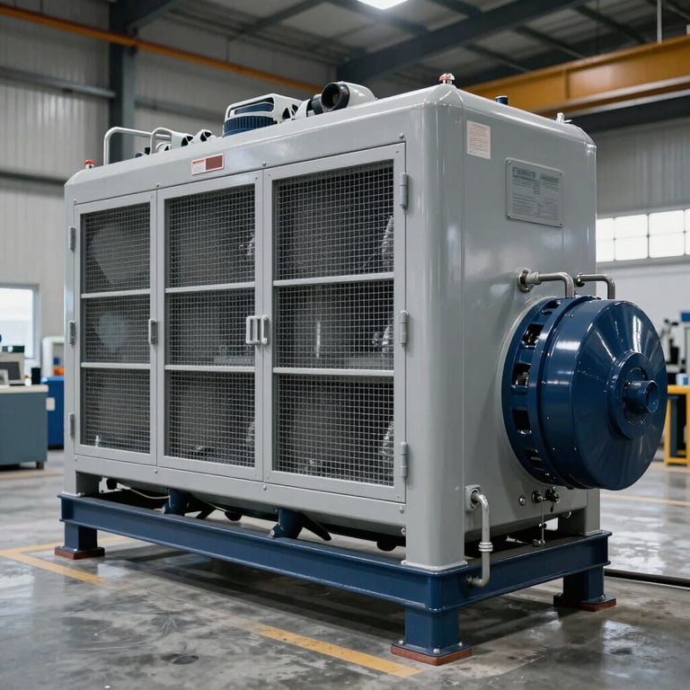 A large-scale industrial chiller system installed in a modern North American facility. The machine is clean and features a robust grey and dark blue metallic finish against a polished concrete floor.