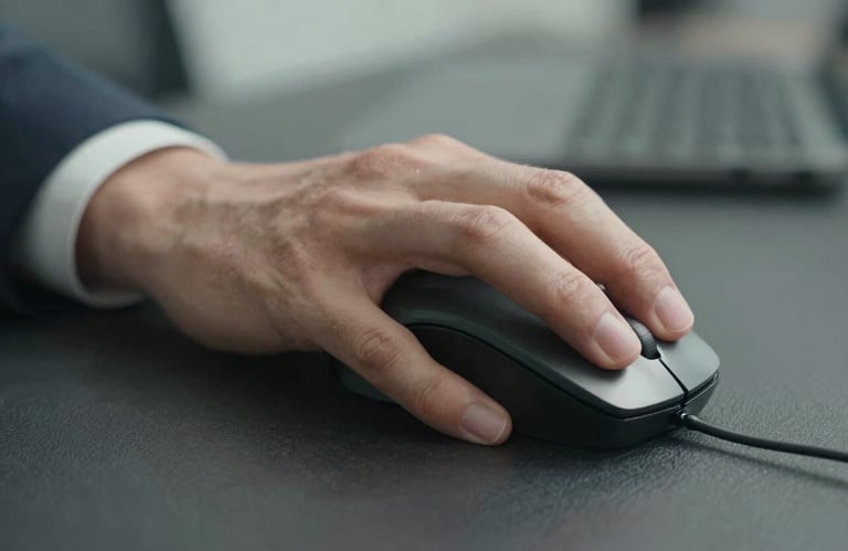 A close-up photograph of a professional's hand using a high-precision mouse on a dark textured desk. The lighting focuses on the hand, symbolizing control and speed, set in a modern North American corporate environment.