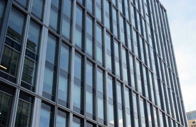 An architectural photograph of a sleek North American office building exterior during the day. Clean lines of steel and glass reflect a clear sky, symbolizing transparency and modern efficiency.