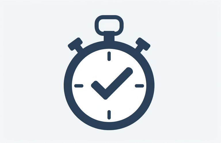 An icon showing a stopwatch and a checkmark, representing efficiency and speed. The style is flat and modern, using #1A202C and #A0AEC0 on a clear background.
