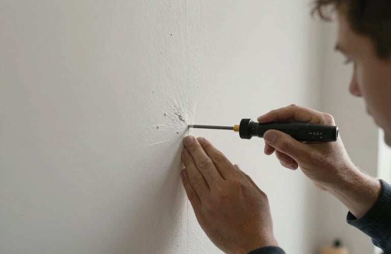 Close-up photography of a professional finishing a wall joint with precision in a Northern European interior setting. Focus on texture and skill.