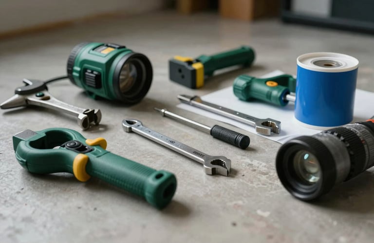 Still life photography of professional construction tools and high-quality finishing materials on a clean floor. Soft professional lighting, forest green and steel blue accents.