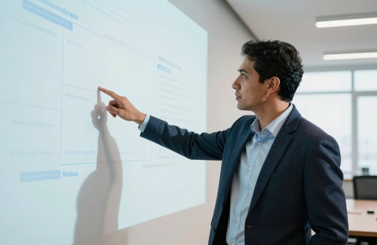 A professional portrait of a tech consultant pointing at a digital projection on a wall in a clean boardroom. South American / Brazilian setting, daylight lighting, palette of white and light blue.