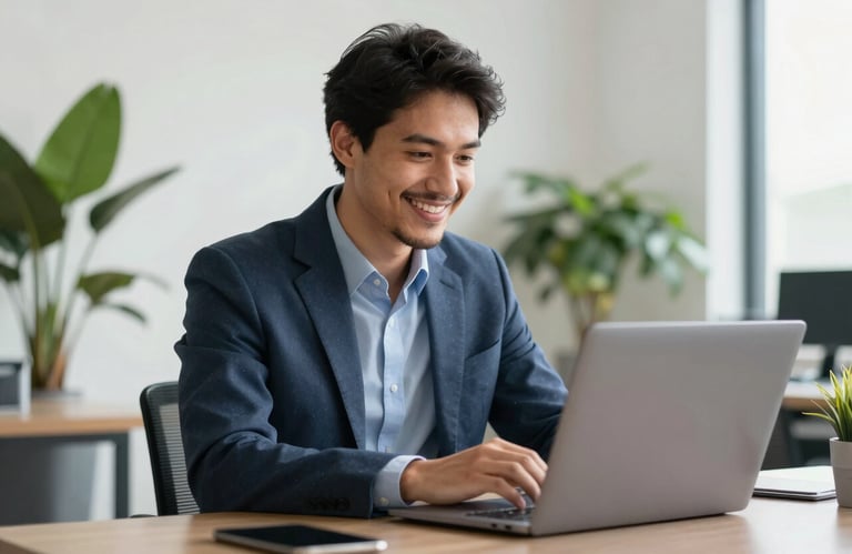A South American / Brazilian professional in business casual attire smiling while looking at a laptop in a bright, airy office space with plants. High-quality photography style.