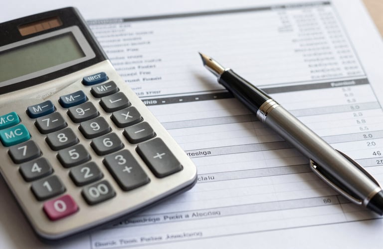 A close-up of a calculator and a fountain pen resting on top of organized financial statements in a South American / Brazilian office. Professional and clean composition.