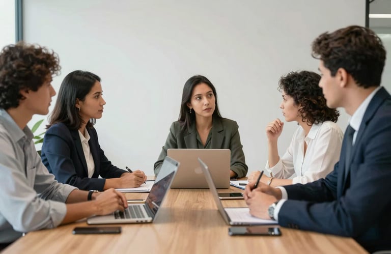 A group of professional colleagues in a South American / Brazilian office having a collaborative meeting. The lighting is bright and modern.