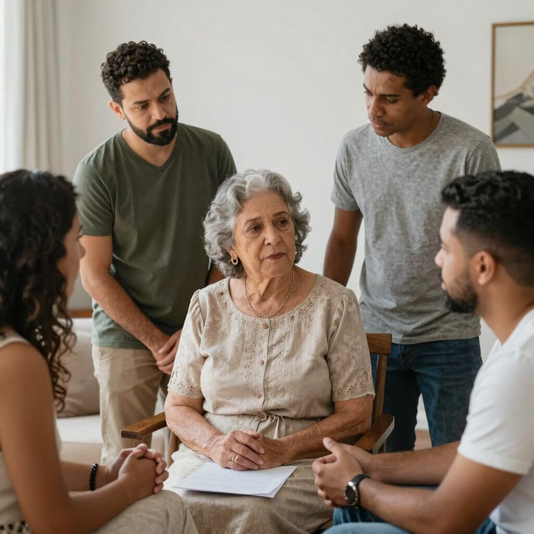 A warm meeting between a lawyer and a family discussing legal matters.. Thei are brazilian