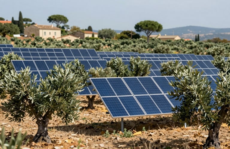 Solar panels standing elegantly amidst an olive grove in Southern France. Professional lighting, emphasizing sustainability and tradition in harmony.