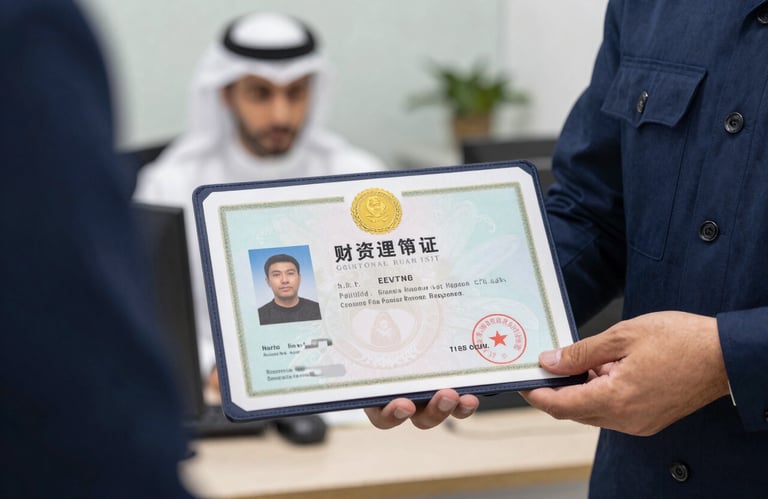 Close-up of a professional license document with a gold seal held by a person in a navy blue uniform, Middle Eastern / Gulf office background, clean and trustworthy aesthetic.