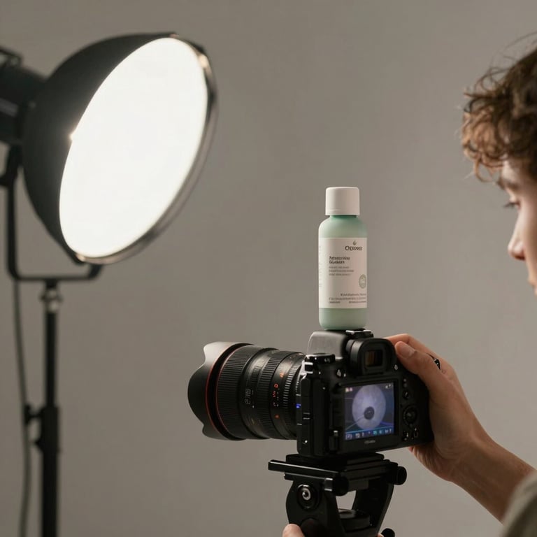 A professional studio setup with high-end lighting and a camera filming a modern consumer product.