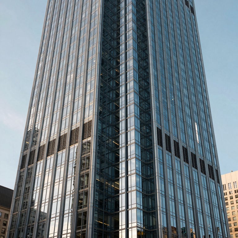 Abstract architectural shot of a modern glass skyscraper in a major US business district under a clear sky.