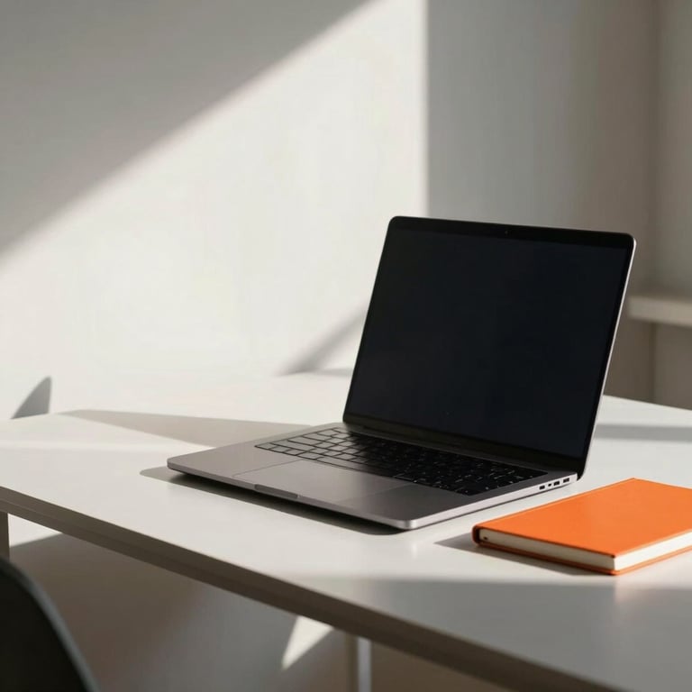 Minimalist workstation in a North American loft with a sleek black laptop and a bright orange notebook, afternoon sun.